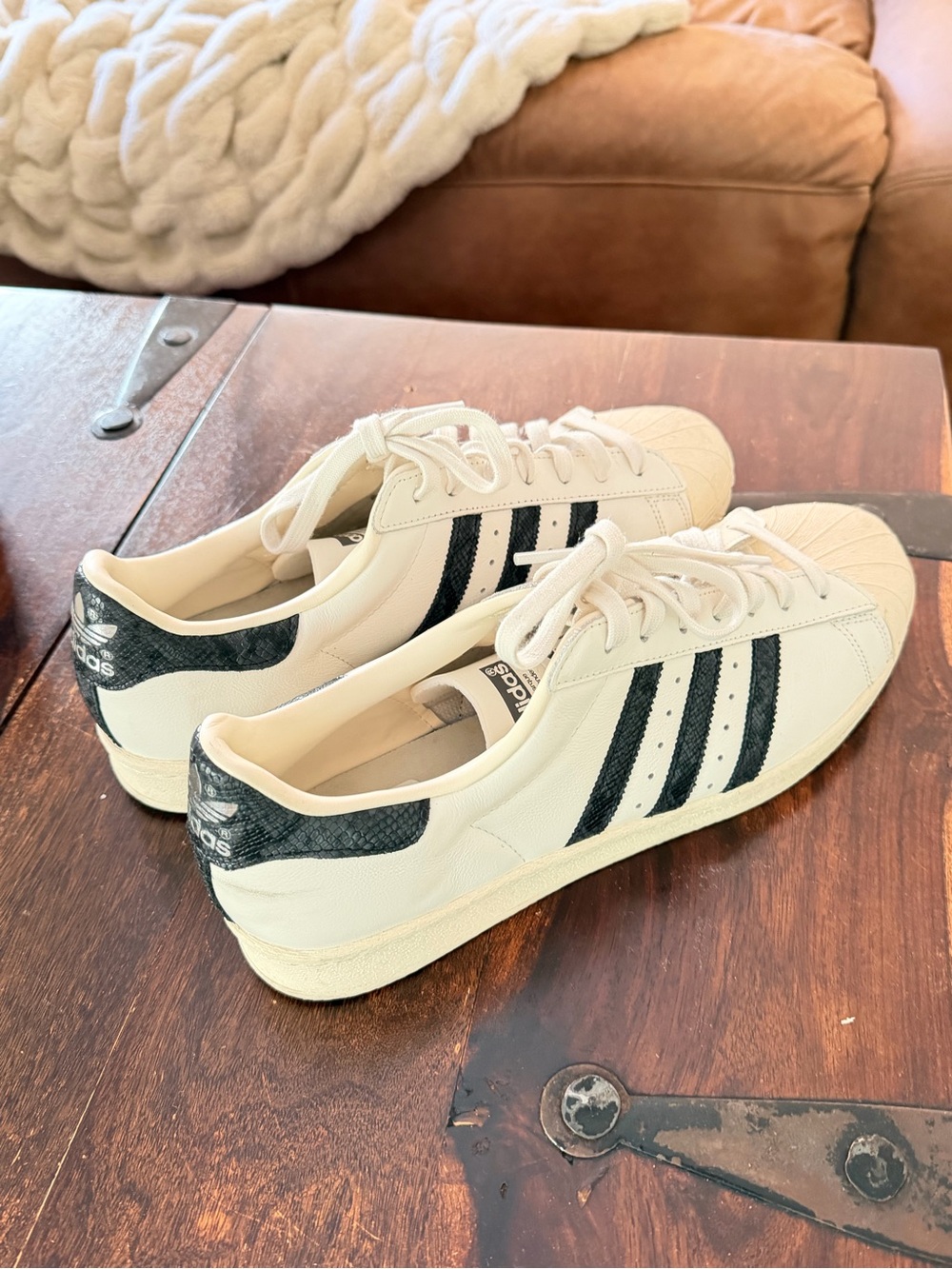adidas shell toe Cream White Sneakers with reptile Black Stripes